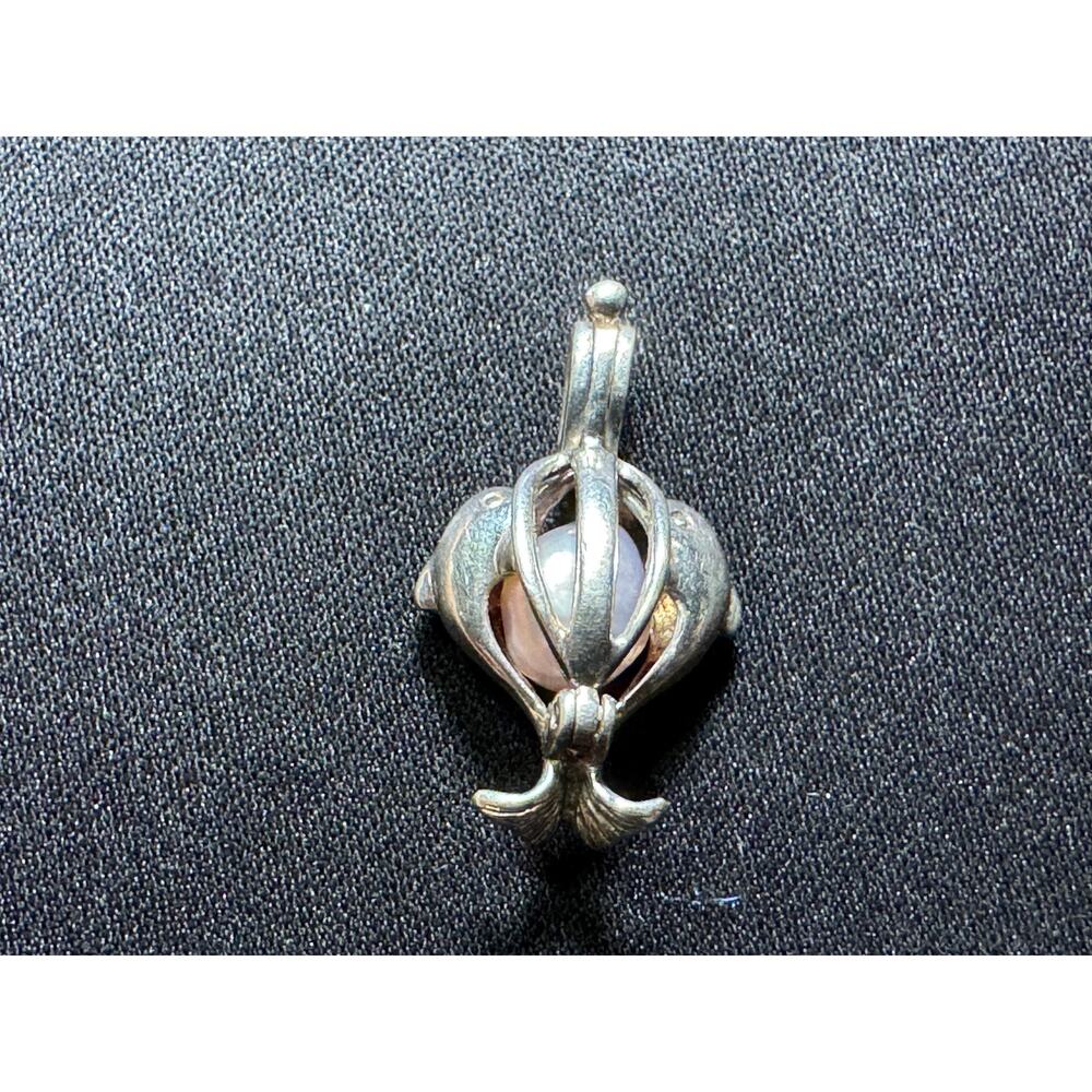 925 Silver Caged Kissing Dolphins Pendant Opens at Top Fresh Water Pearl